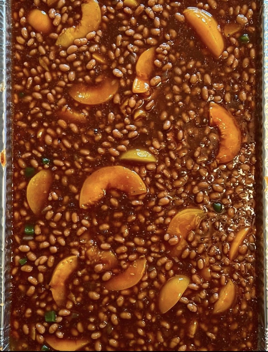 Pan of peach baked beans