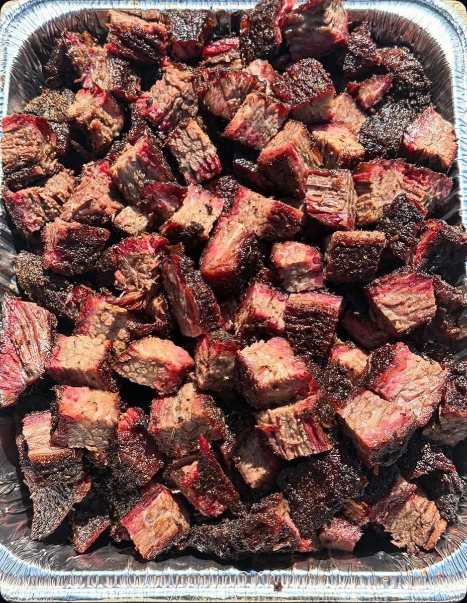 Pan of smoked brisket burnt ends