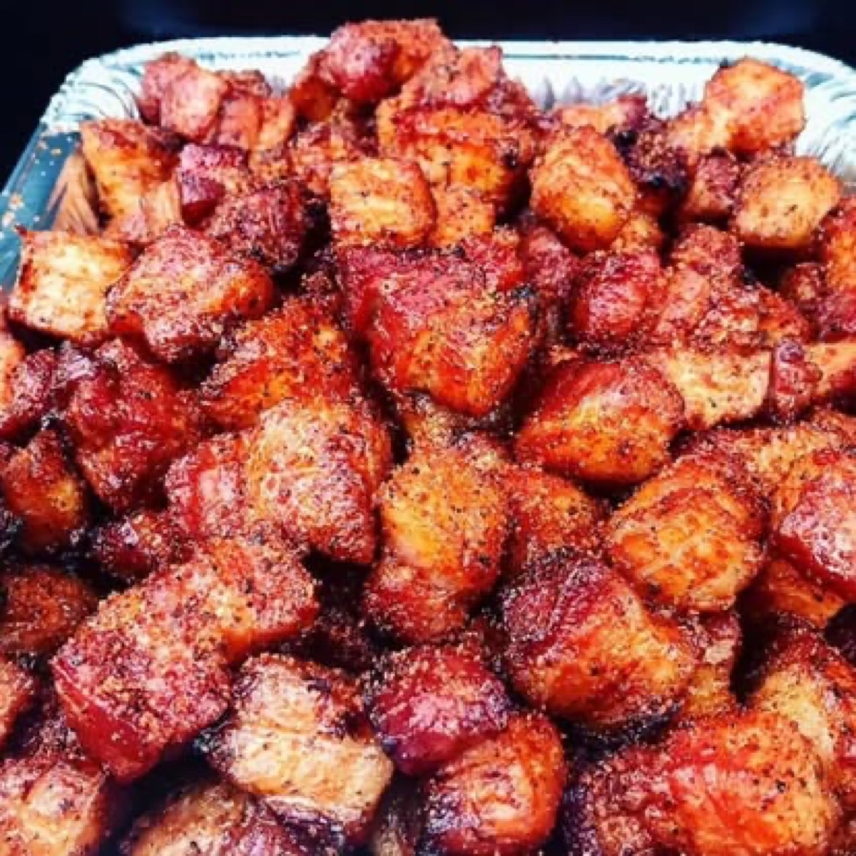 Pan of pork belly burnt ends