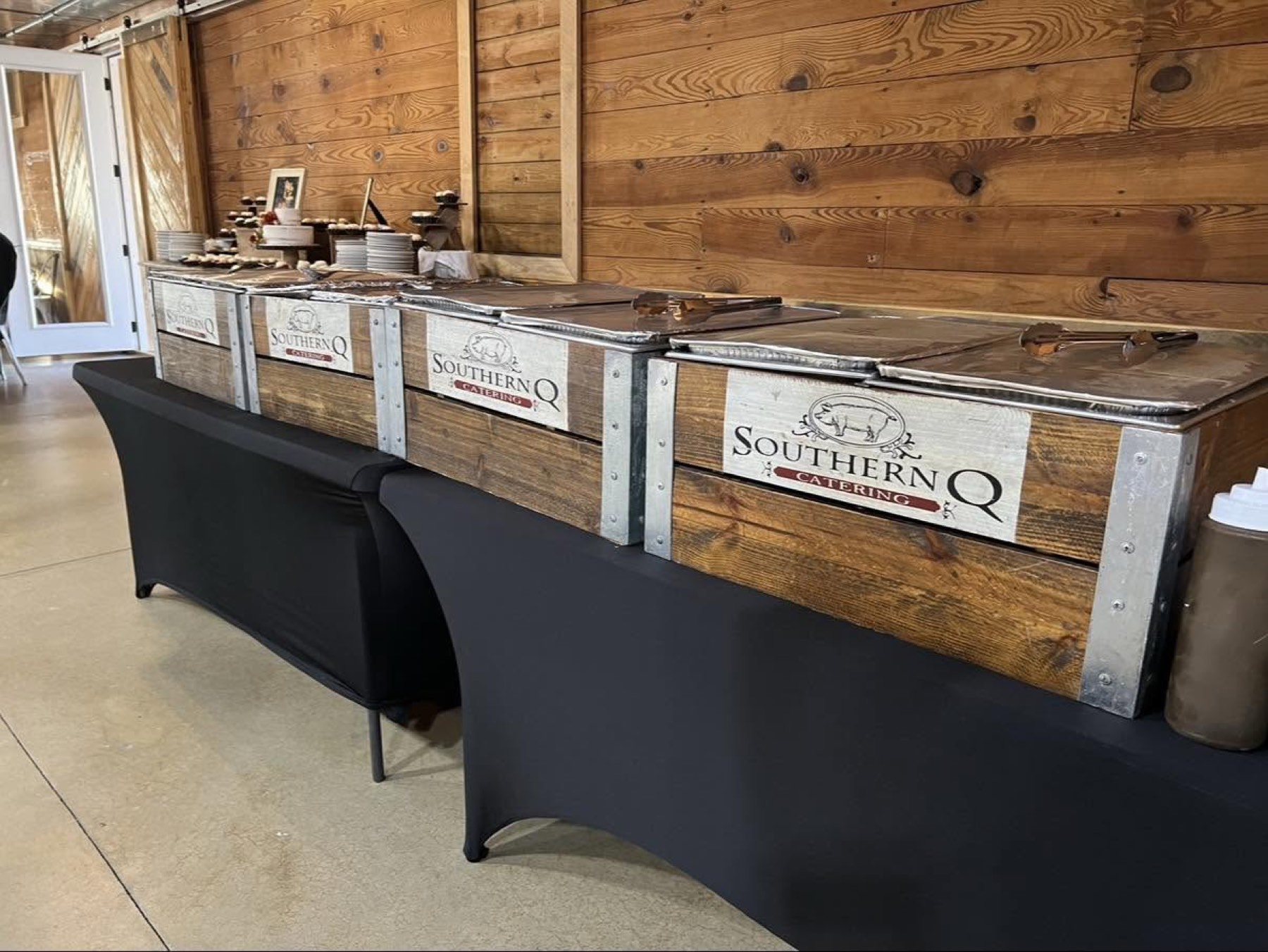Southern Q wood-fired BBQ catering setup at an event
